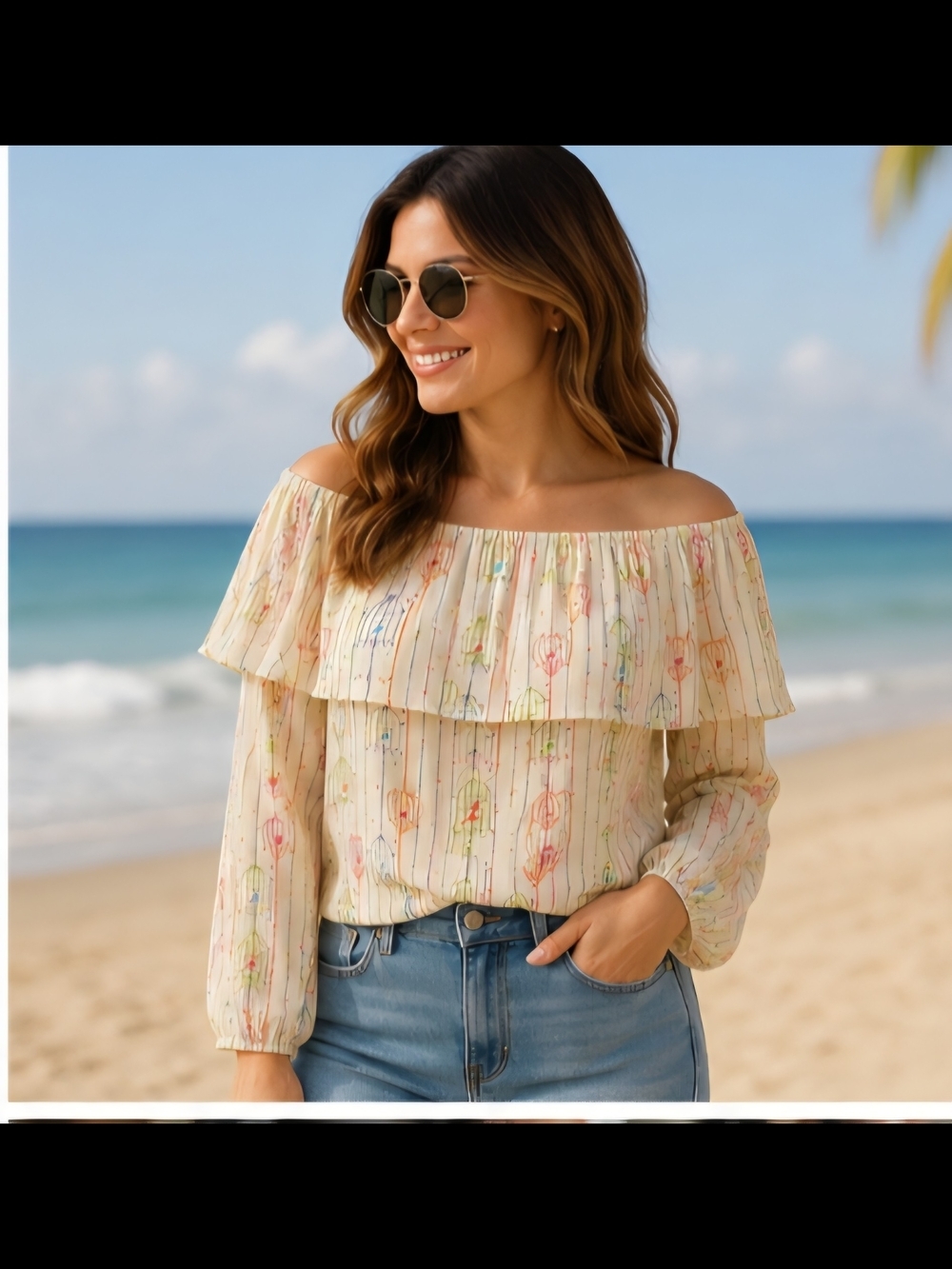 Judith March Cream Off-Shoulder Floral Ruffle Top P2P 20 ELASTIC 1491 SMALL